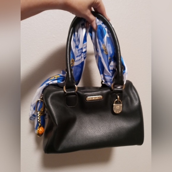 Chic Black Satchel with Blue Scarf Accent - Picture 1 of 3